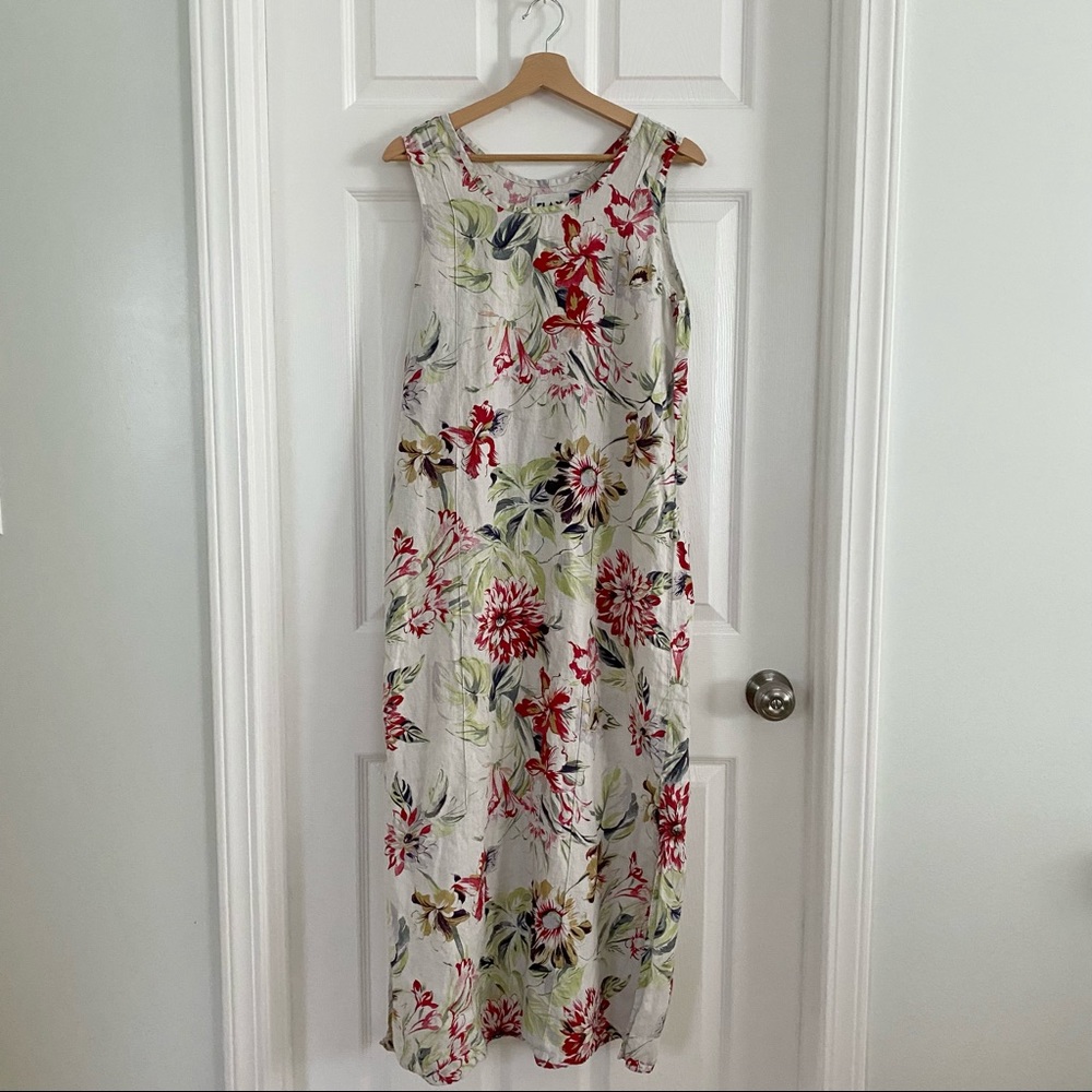 Flax Tropical Floral Linen Midi Slit Tank Dress